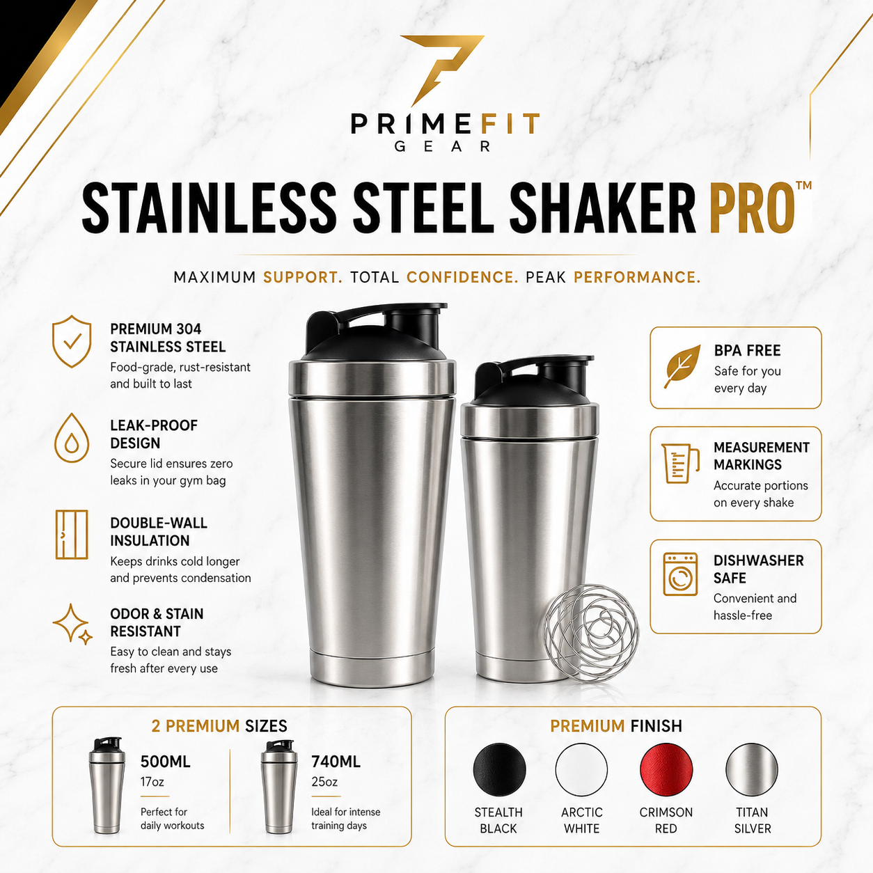 PrimeFit Stainless Steel Shaker Pro™
